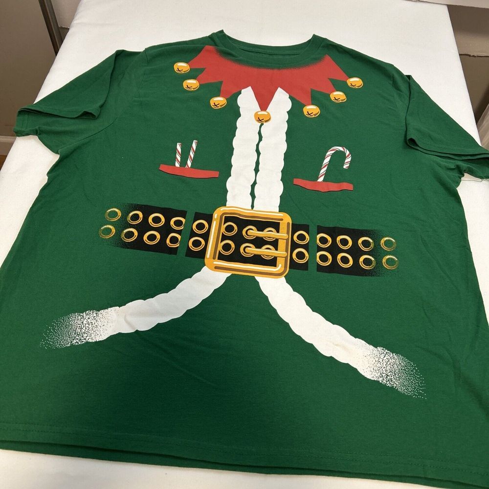 Holiday Time Christmas Elf T-Shirt Jingle Bells Candy Cane Green Men's 2XL 1409 - Picture 4 of 4